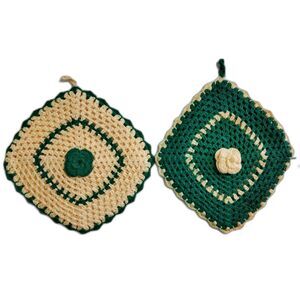 Handmade Crocheted Green Beige Pot Holders Trivet Flower Set of Two